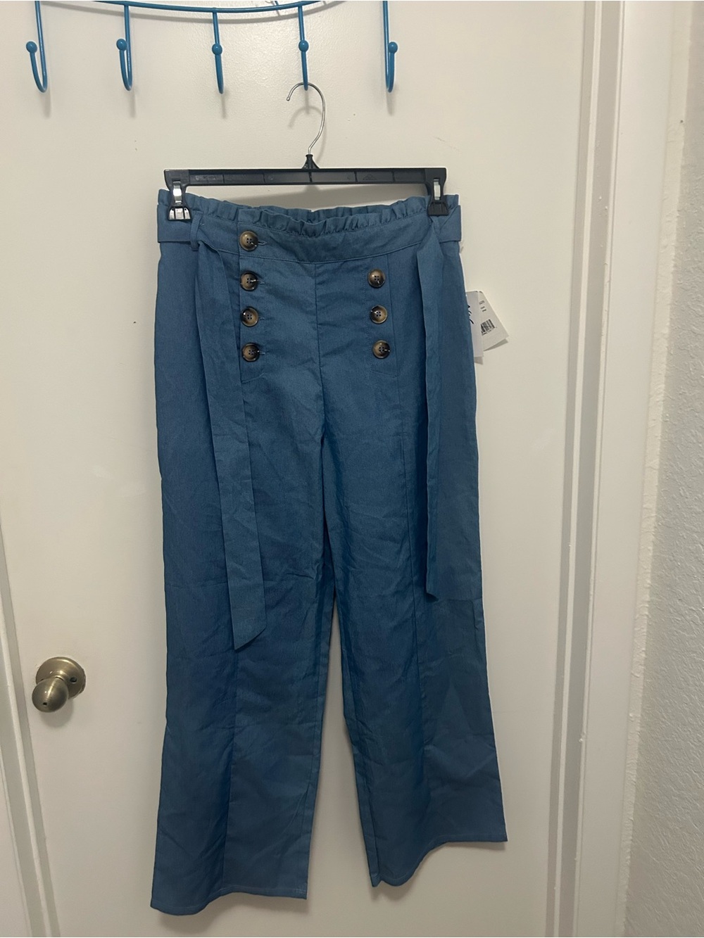 NY Collection Blue Wide-Leg Sailor Pants with Button Front